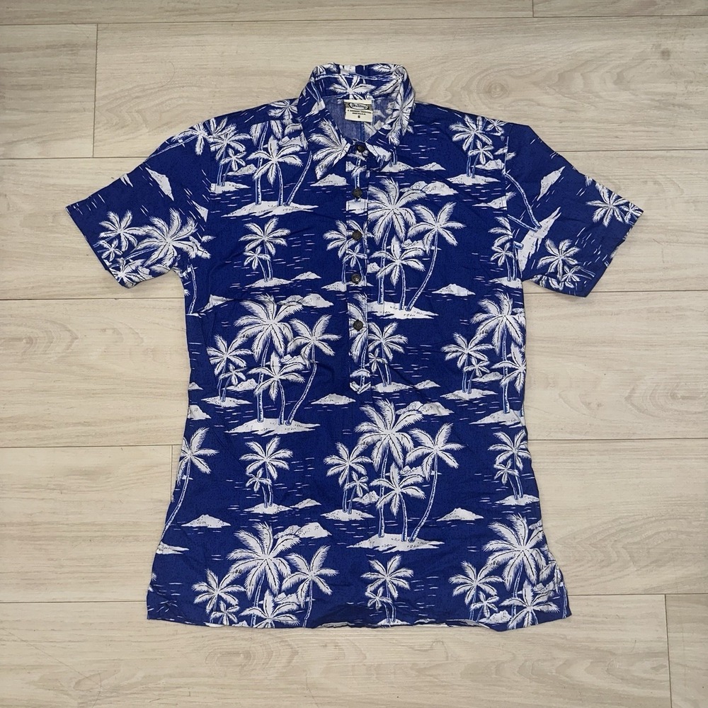 VTG Go Barefoot Mens Size Small Blue Palm Tree Print Hawaiian Shirt USA Island